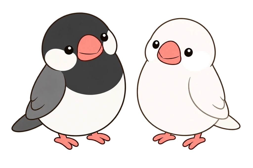 しぐれういが飼っている桜文鳥のちょこと白い文鳥のとろを表したイラスト